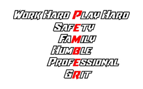 Image of Pember Companies Core Values: Work hard Play Hard, Safety, Family, Humble, Professional, Grit
